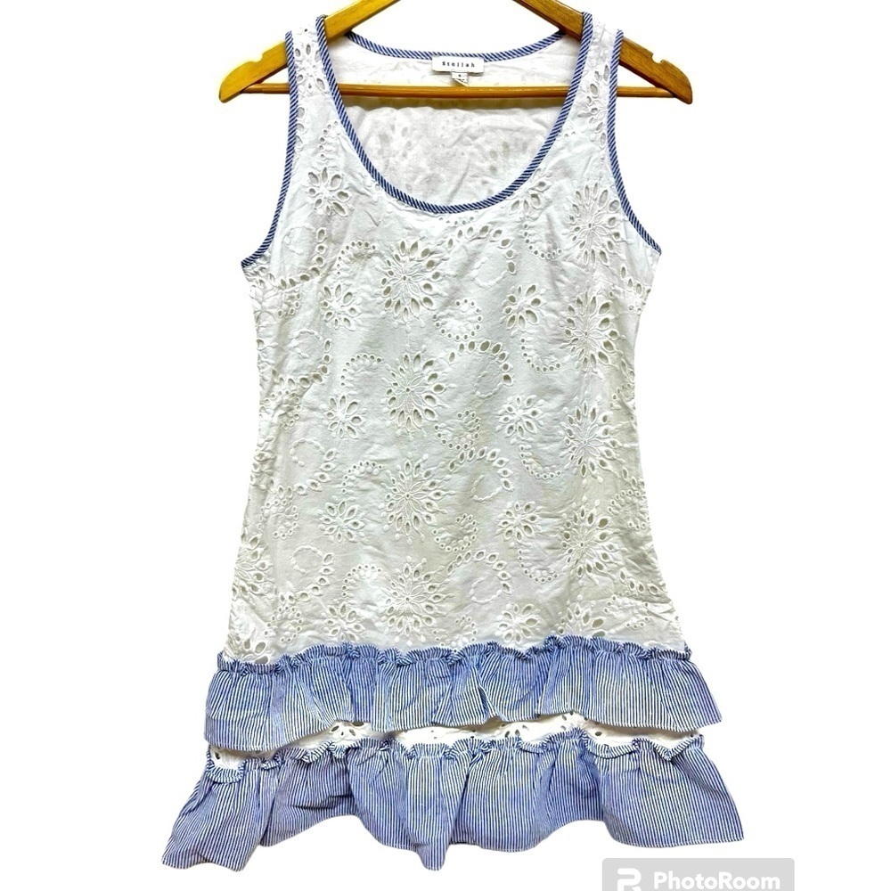 STELLAH White Eyelet Ruffle Cotton Farmhouse Cottage Dress - Size S